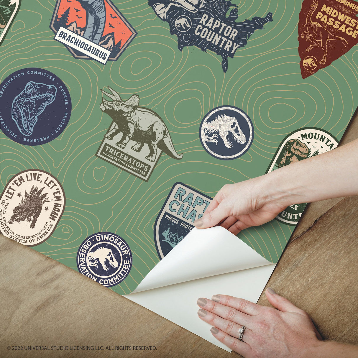 Jurassic World Badges Green Peel & Stick Wallpaper with Retro Dinosaur Patch Motif - York RMK12396RL