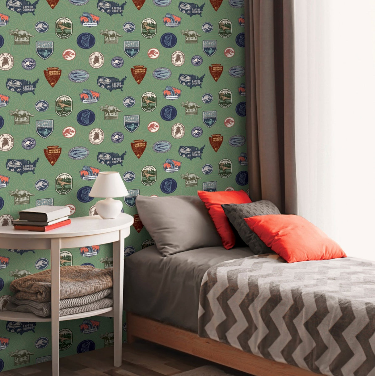 Jurassic World Badges Green Peel & Stick Wallpaper with Retro Dinosaur Patch Motif - York RMK12396RL