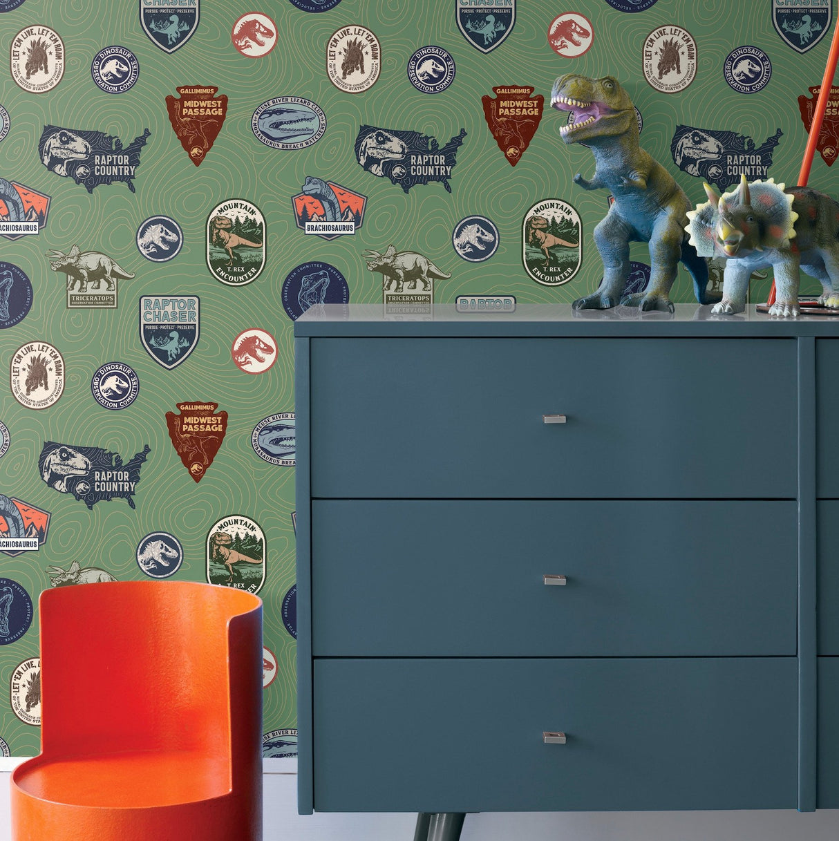 Jurassic World Badges Green Peel & Stick Wallpaper with Retro Dinosaur Patch Motif - York RMK12396RL