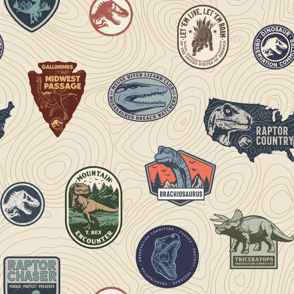 Jurassic World Badges Multicolor Peel & Stick Vinyl Wallpaper with Retro Dinosaur Patch Motif - York RMK12397RL