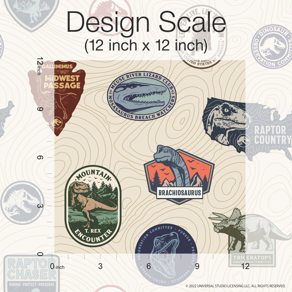 Jurassic World Badges Multicolor Peel & Stick Vinyl Wallpaper with Retro Dinosaur Patch Motif - York RMK12397RL