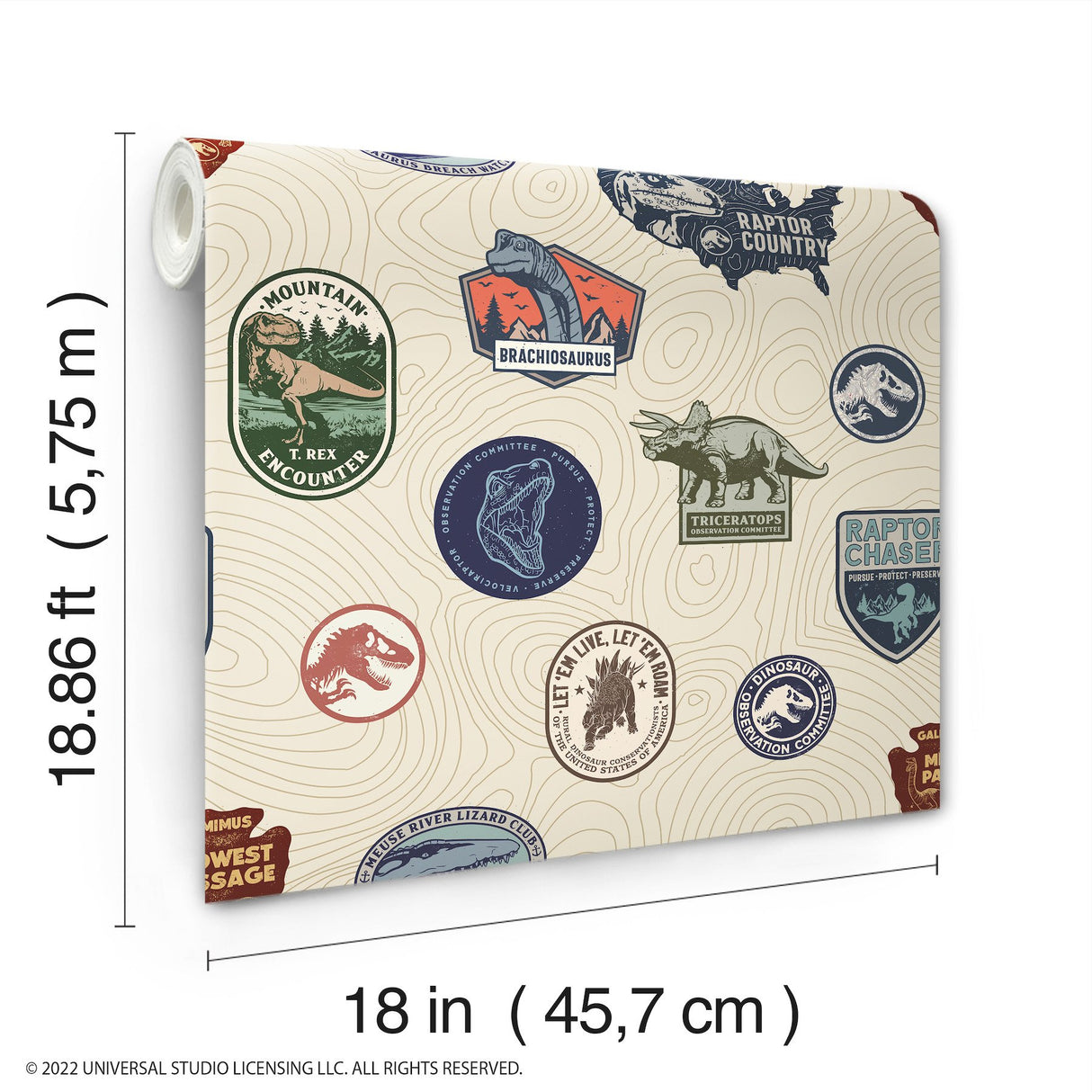 Jurassic World Badges Multicolor Peel & Stick Vinyl Wallpaper with Retro Dinosaur Patch Motif - York RMK12397RL