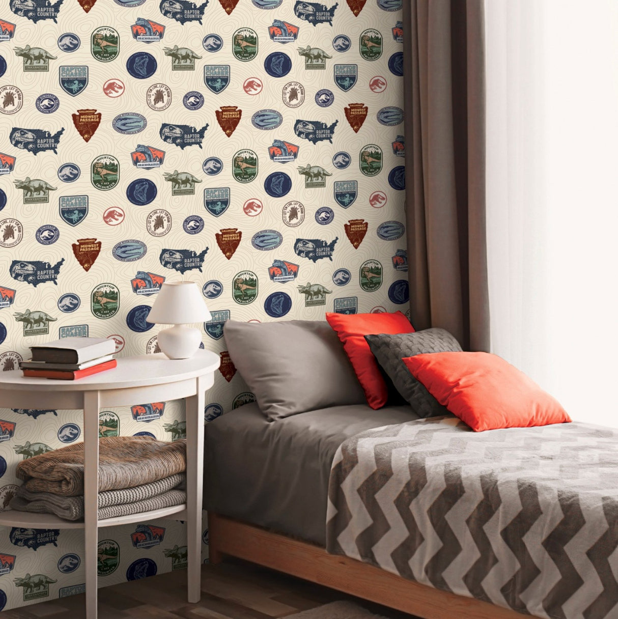 Jurassic World Badges Multicolor Peel & Stick Vinyl Wallpaper with Retro Dinosaur Patch Motif - York RMK12397RL