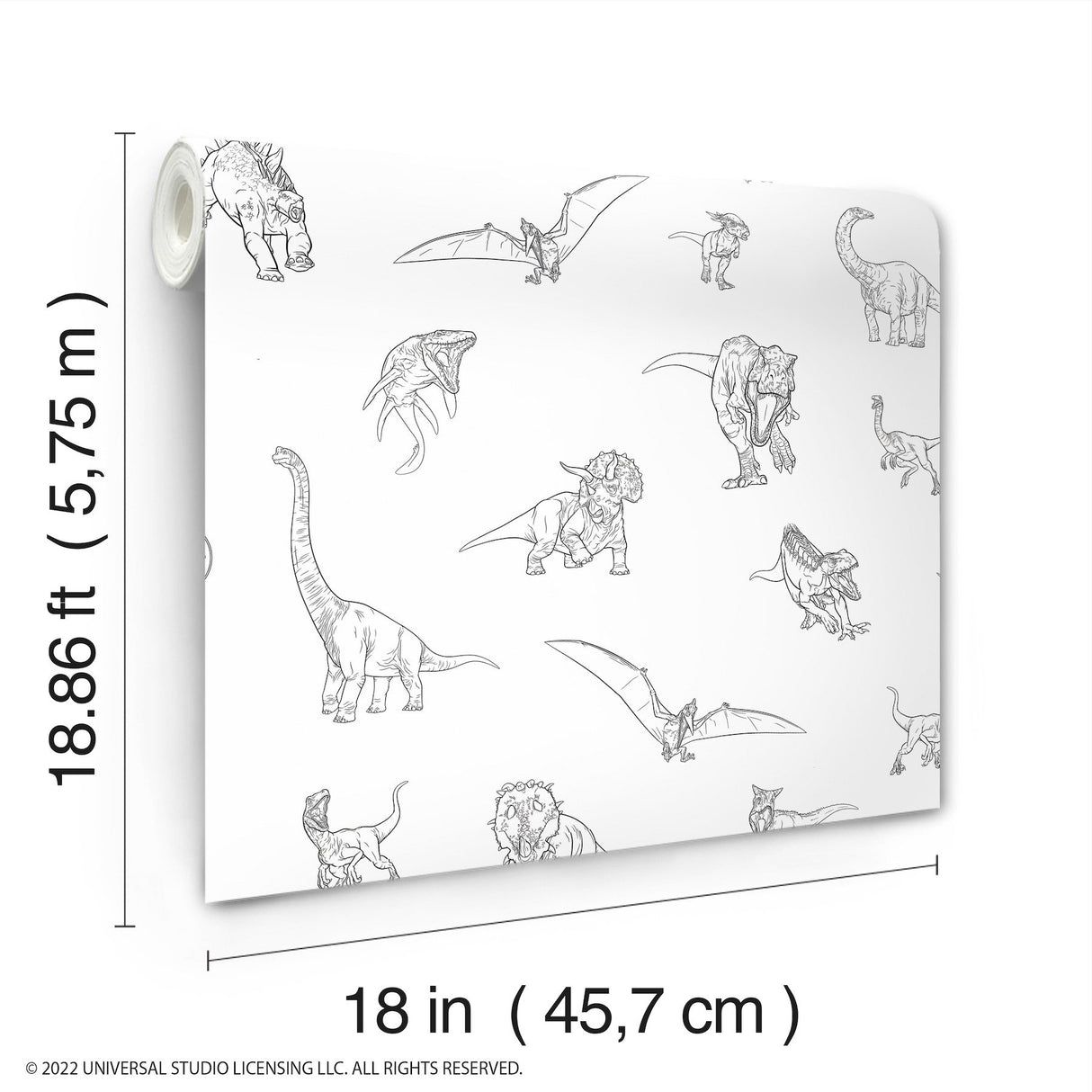 Jurassic World Dinosaurs Black Peel & Stick Wallpaper with Novelty Line-Art Dinosaur Pattern, Whimsical Licensed Style - York RMK12398RL