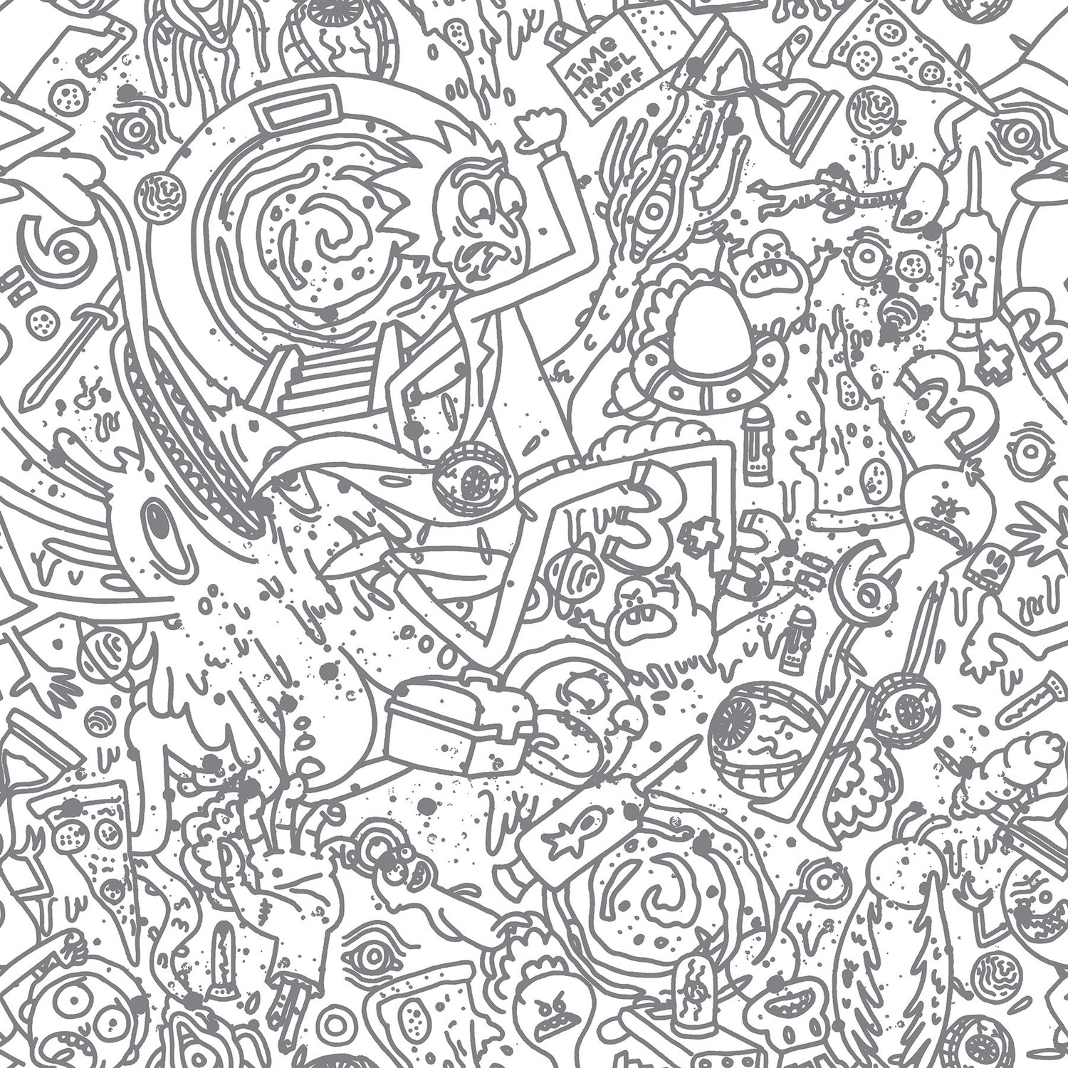 Rick and Morty Doodle Grey Peel & Stick Wallpaper with Novelty Graphics - York RMK12446RL