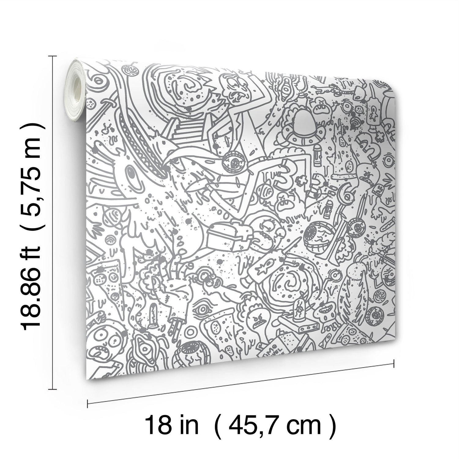 Rick and Morty Doodle Grey Peel & Stick Wallpaper with Novelty Graphics - York RMK12446RL