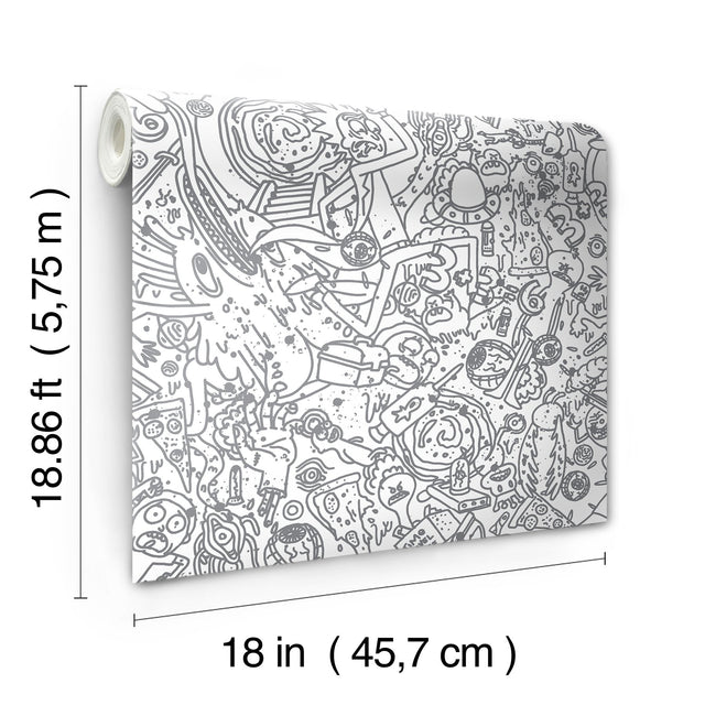 Rick and Morty Doodle Grey Peel & Stick Wallpaper with Novelty Graphics - York RMK12446RL