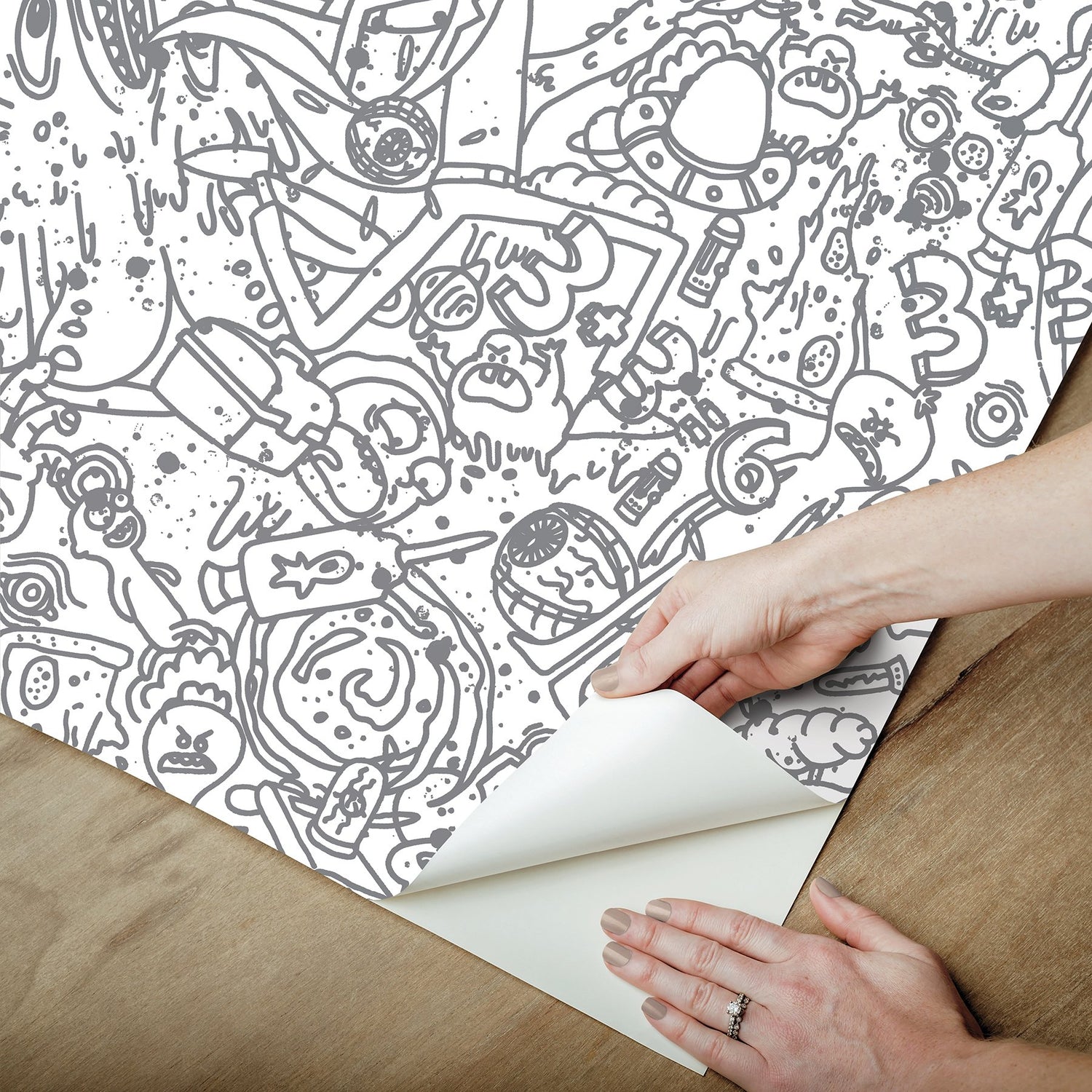 Rick and Morty Doodle Grey Peel & Stick Wallpaper with Novelty Graphics - York RMK12446RL