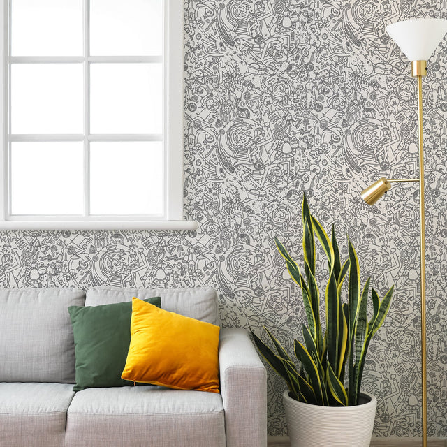 Rick and Morty Doodle Grey Peel & Stick Wallpaper with Novelty Graphics - York RMK12446RL