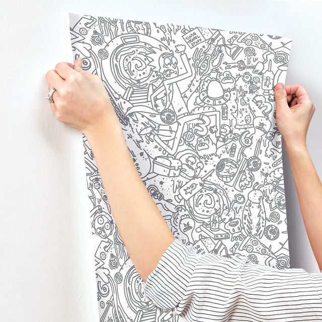 Rick and Morty Doodle Grey Peel & Stick Wallpaper with Novelty Graphics - York RMK12446RL