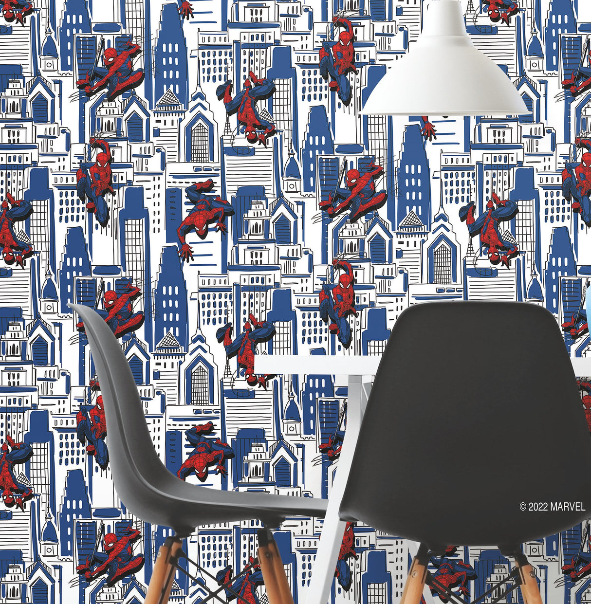 Spider-Man Cityscape Blue Peel & Stick Wallpaper with Marvel Licensed City Pattern - York RMK12459RL