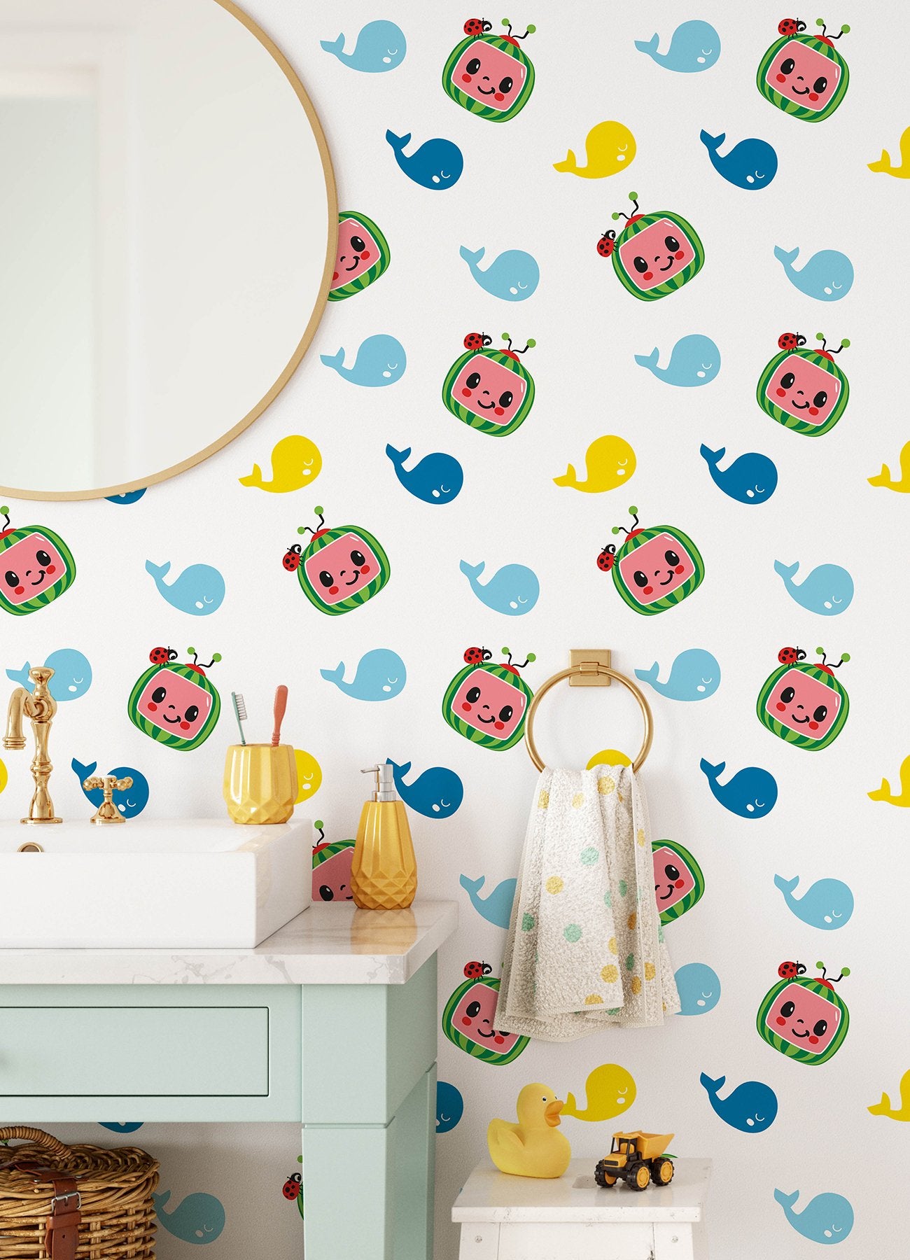 CoComelon Multicolor Wallpaper with Cartoon Whales & Logo Peel & Stick Kids Novelty - York RMK12460RL