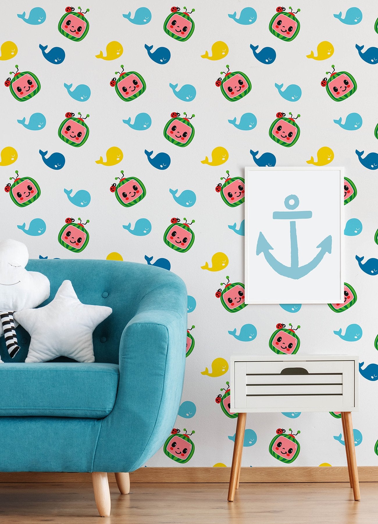 CoComelon Multicolor Wallpaper with Cartoon Whales & Logo Peel & Stick Kids Novelty - York RMK12460RL