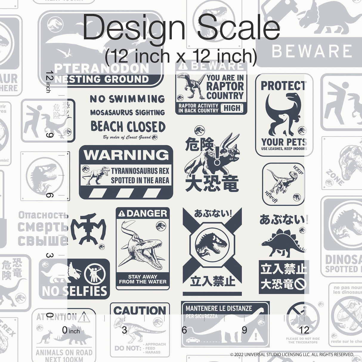 Jurassic World: Dominion Signs Blue Peel & Stick Wallpaper with Dinosaur Warning Sign Motif - York RMK12462RL