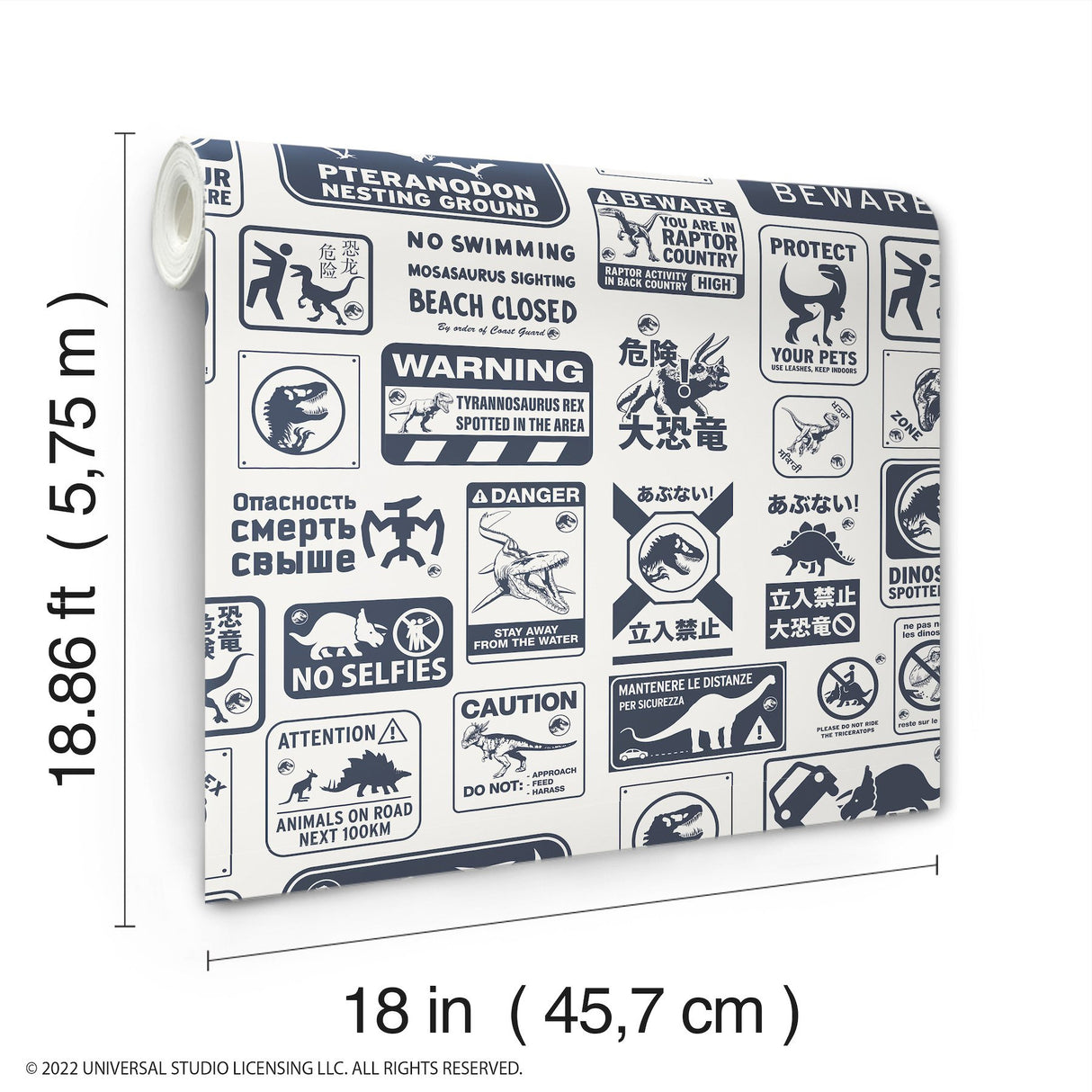 Jurassic World: Dominion Signs Blue Peel & Stick Wallpaper with Dinosaur Warning Sign Motif - York RMK12462RL