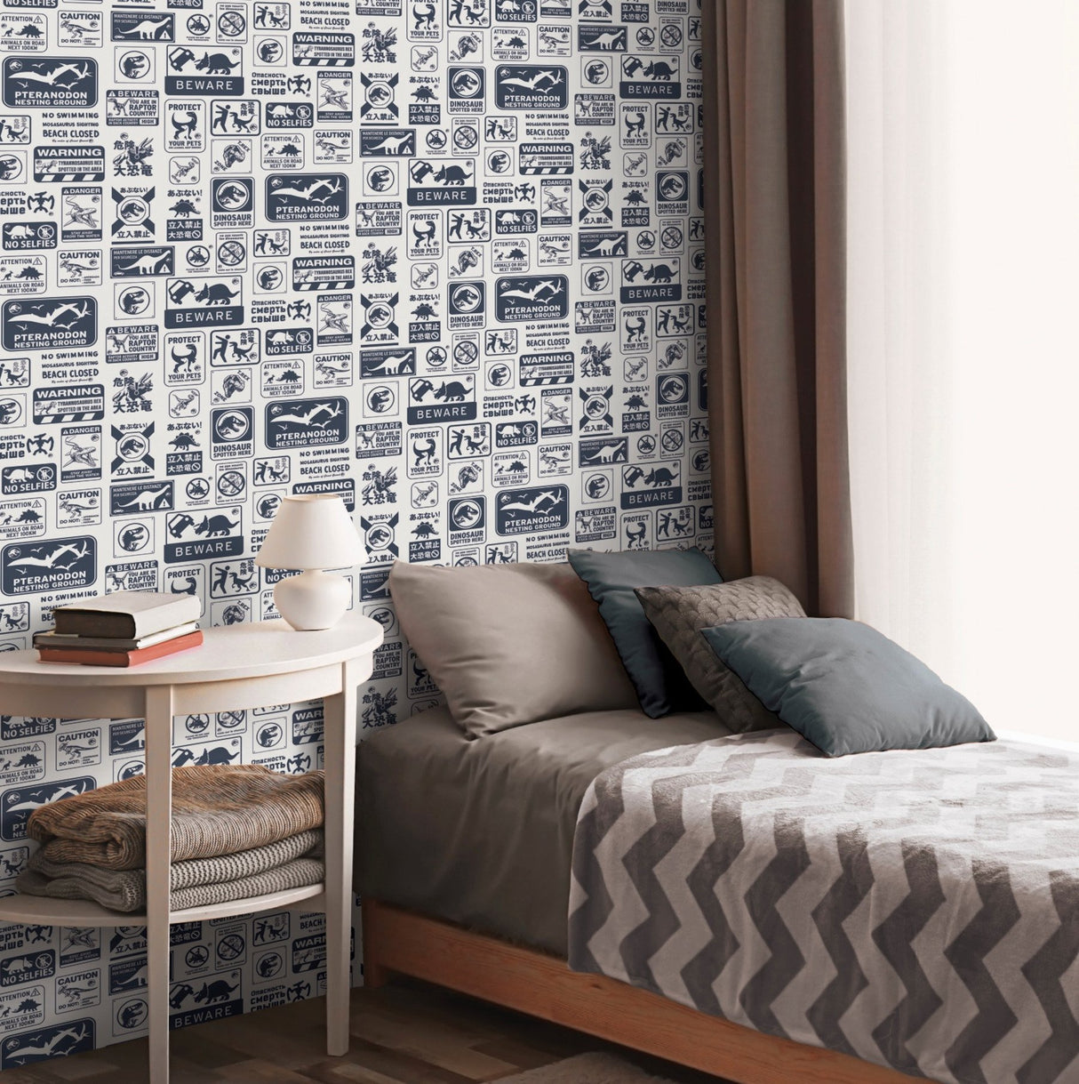 Jurassic World: Dominion Signs Blue Peel & Stick Wallpaper with Dinosaur Warning Sign Motif - York RMK12462RL