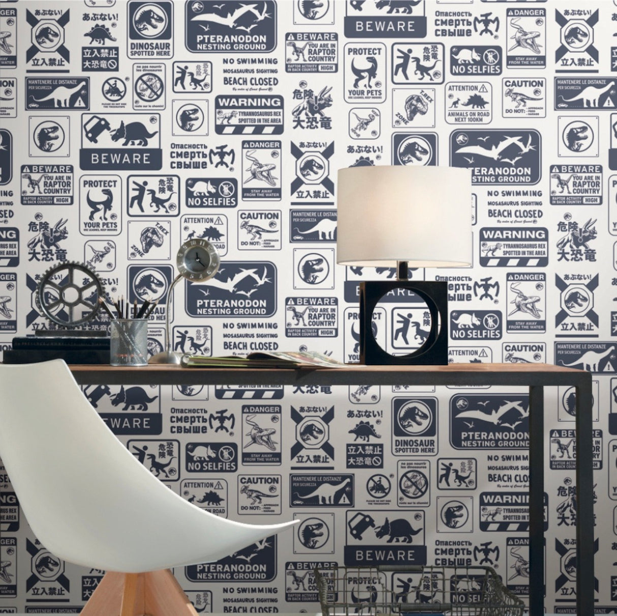 Jurassic World: Dominion Signs Blue Peel & Stick Wallpaper with Dinosaur Warning Sign Motif - York RMK12462RL