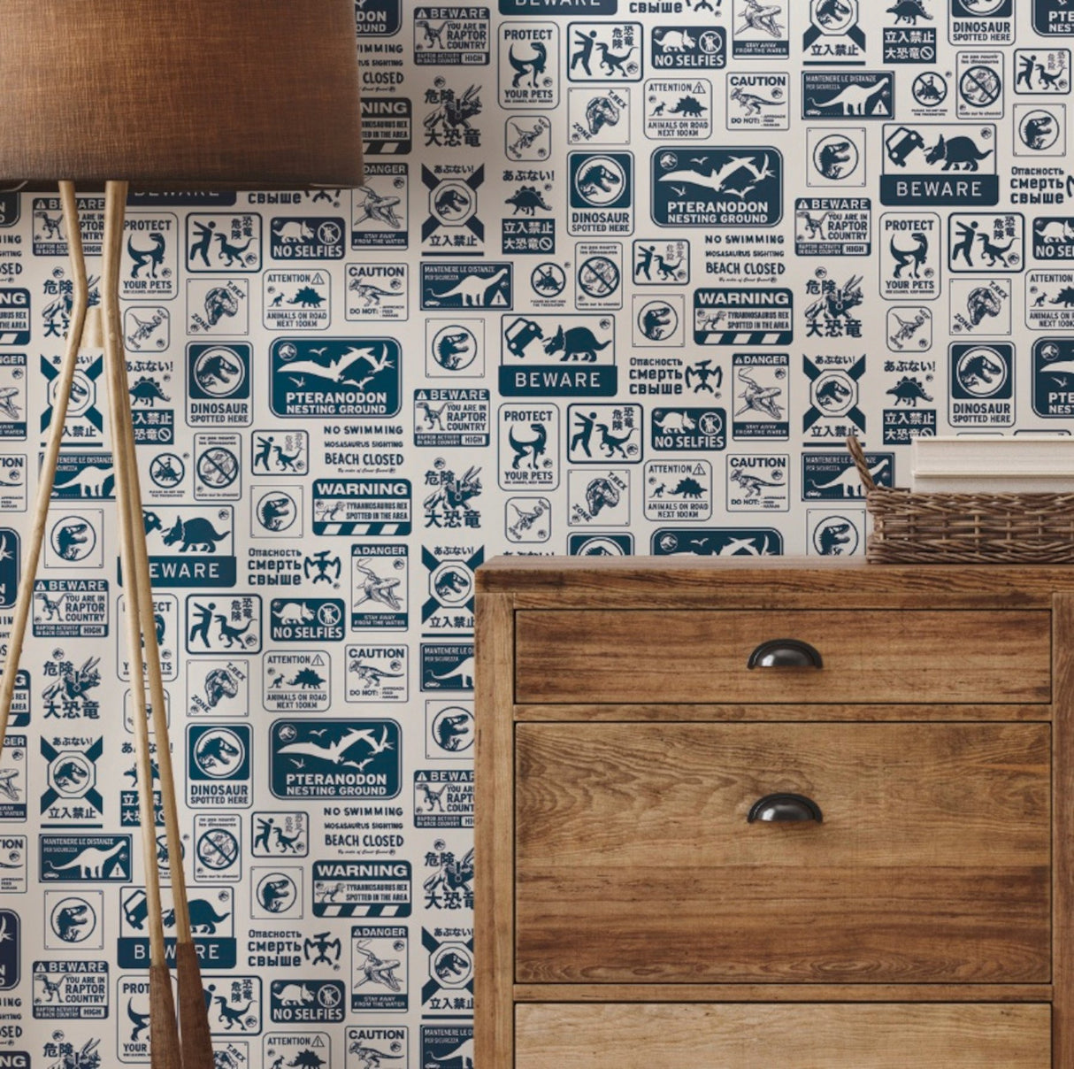Jurassic World: Dominion Signs Blue Peel & Stick Wallpaper with Dinosaur Warning Sign Motif - York RMK12462RL