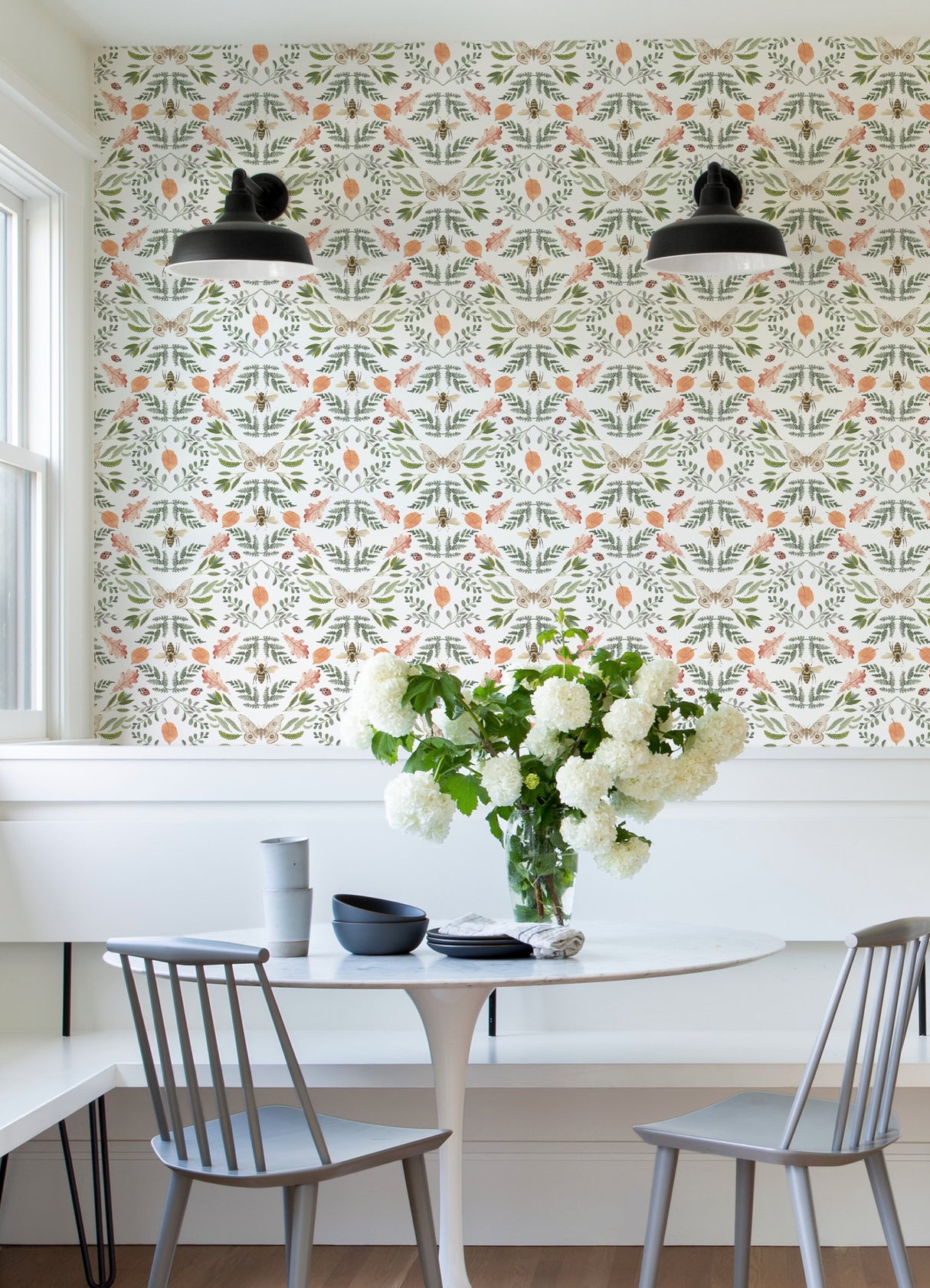 Forest Cottage Bee & Butterfly White Peel & Stick Wallpaper with Botanical Insect Motif - York RMK12470PLW