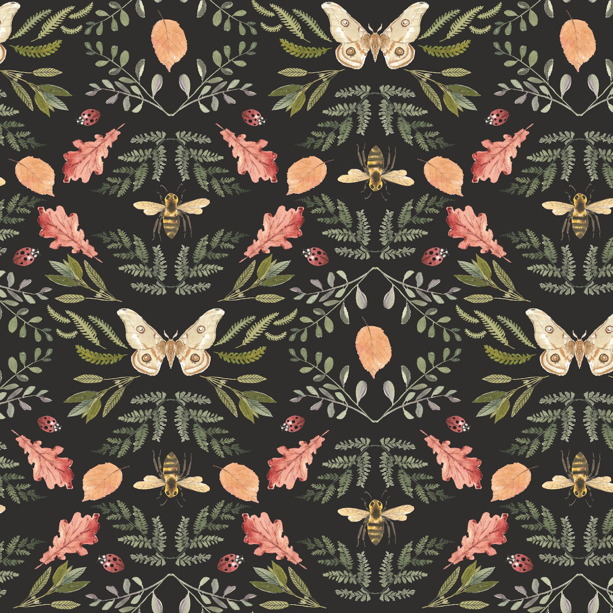 Penny Lane Forest Cottage Bee & Butterfly Black Peel & Stick Wallpaper with Botanical Insect Motif - York RMK12471PLW