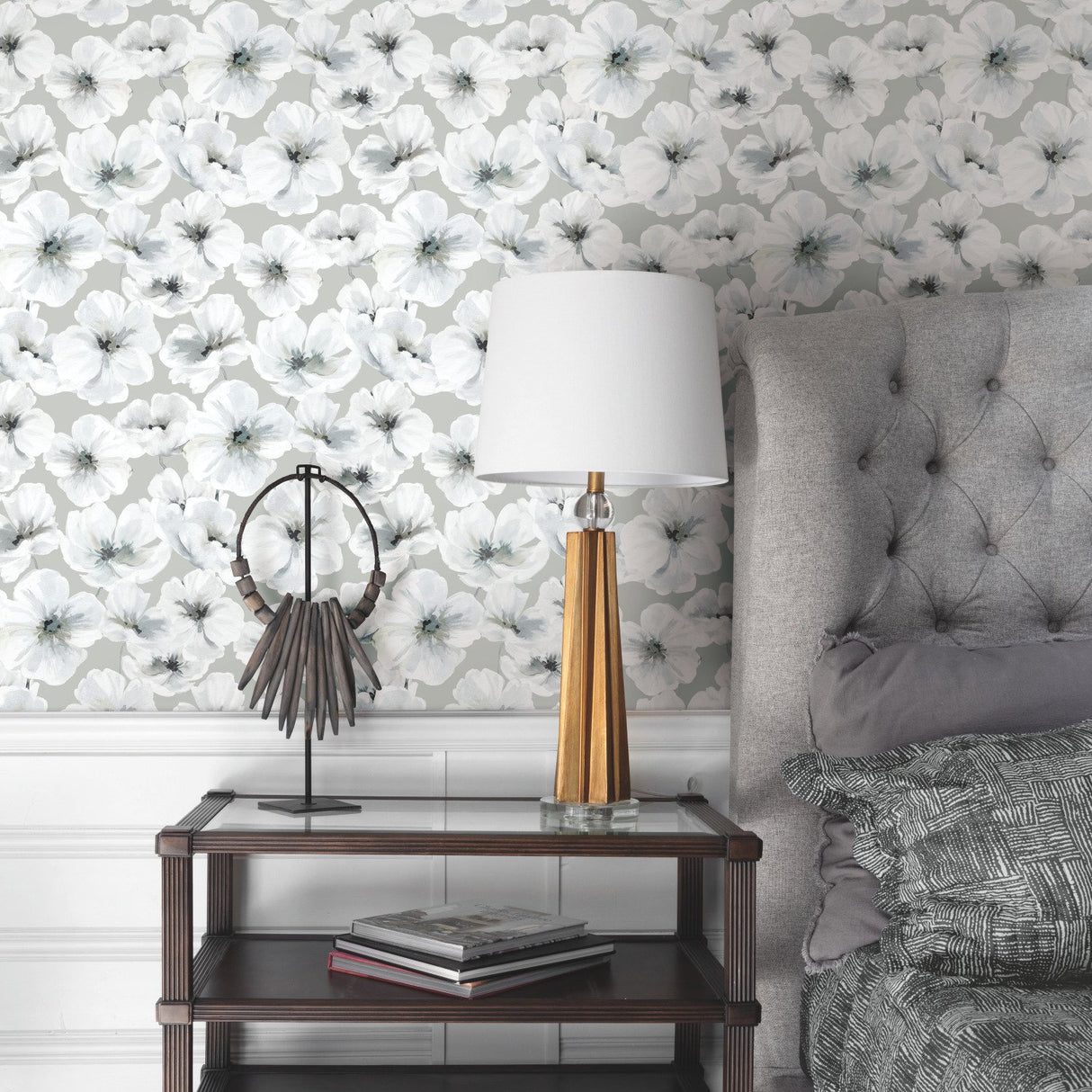Hawthorn Blossom Grey Peel & Stick Wallpaper with Modern Botanical Floral Pattern - York RMK12514RL