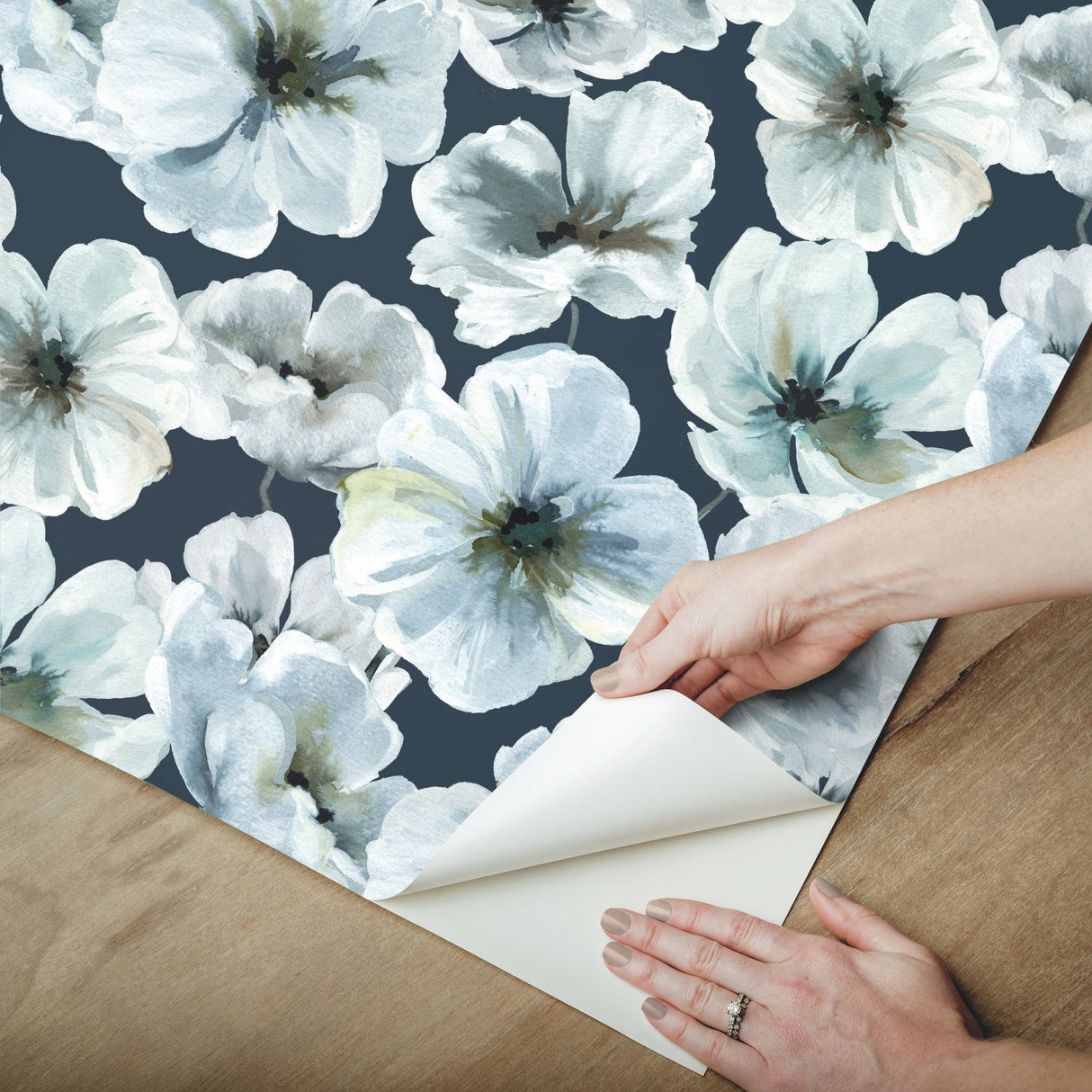 Hawthorn Blossom Navy Peel & Stick Wallpaper with Modern Botanical Floral Pattern - York RMK12516RL