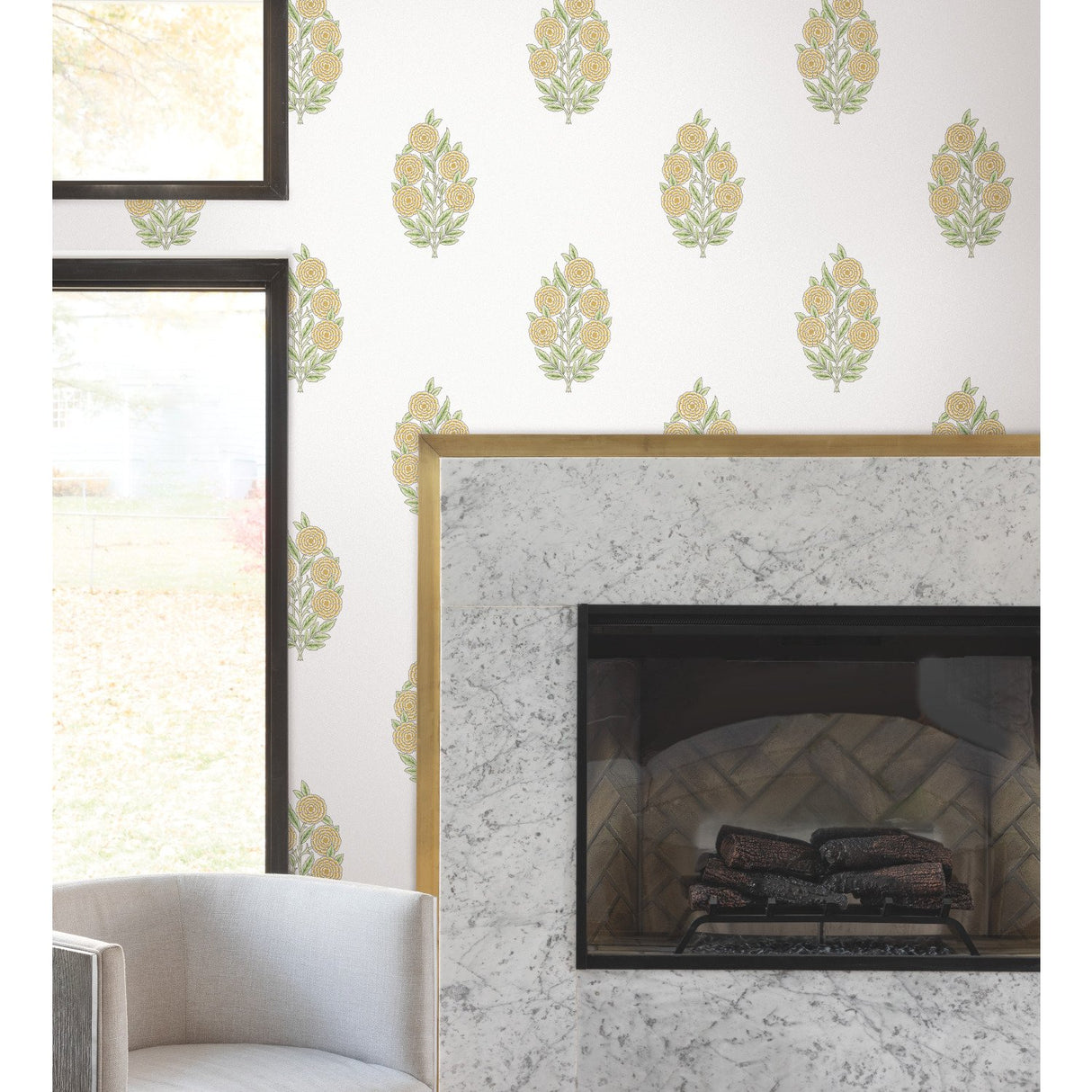 Dutch Floral Yellow Peel & Stick Wallpaper with Modern Botanical Flowers Pattern - York RMK12518RL
