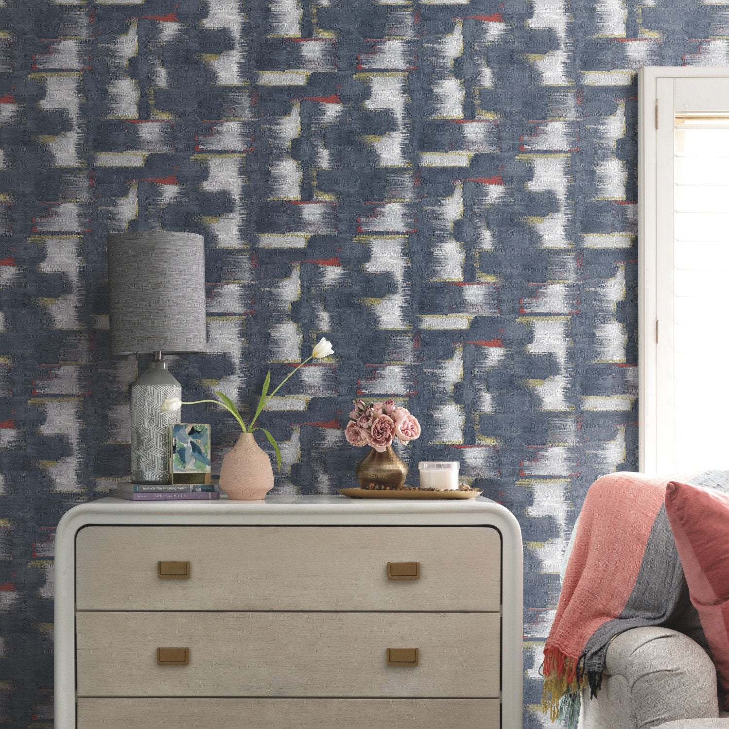 Modern Ikat Navy Peel & Stick Wallpaper with Abstract Ikat Pattern, Modern Style - York RMK12526RL