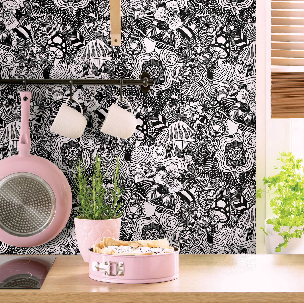 Mushroom Magic Black Peel & Stick Wallpaper with Modern Botanical Novelty Pattern - York RMK12566RL