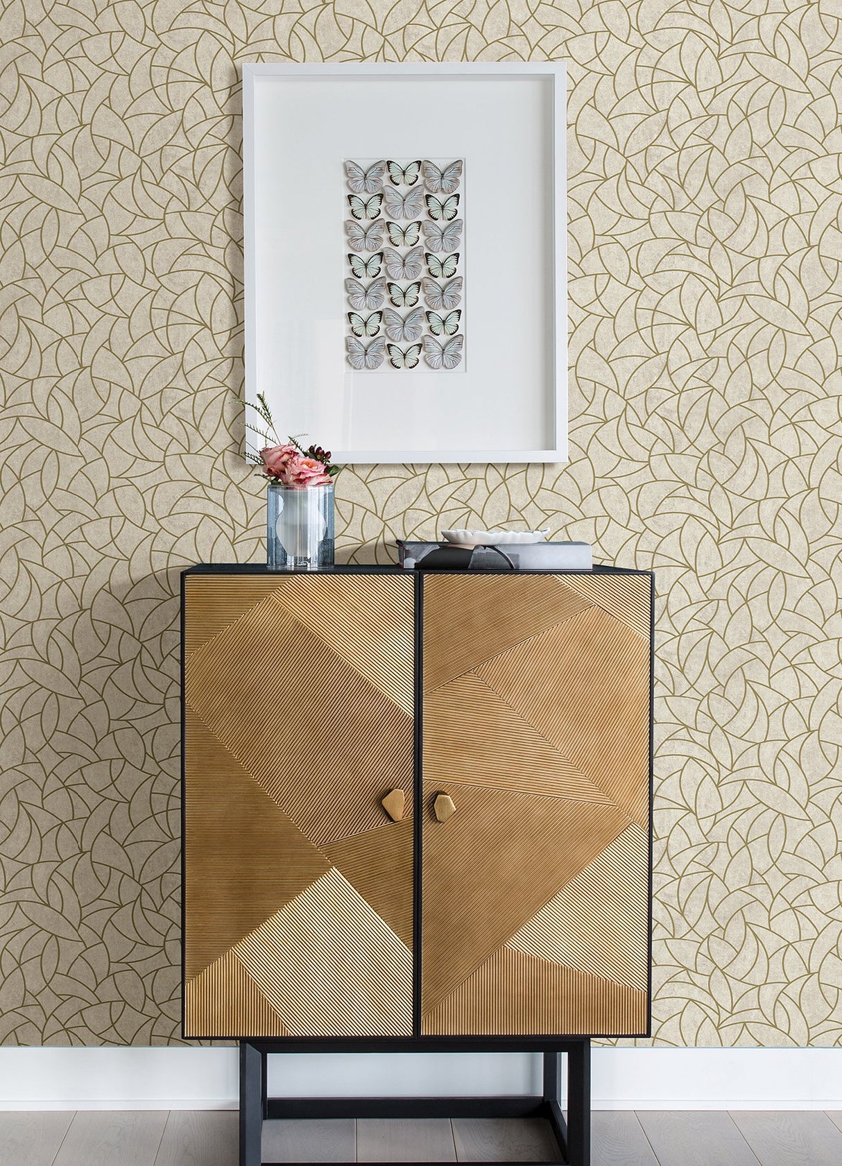 Modern Crescent Moon Neutral & Gold Peel & Stick Wallpaper with Geometric Abstract Pattern - York RMK12567PL