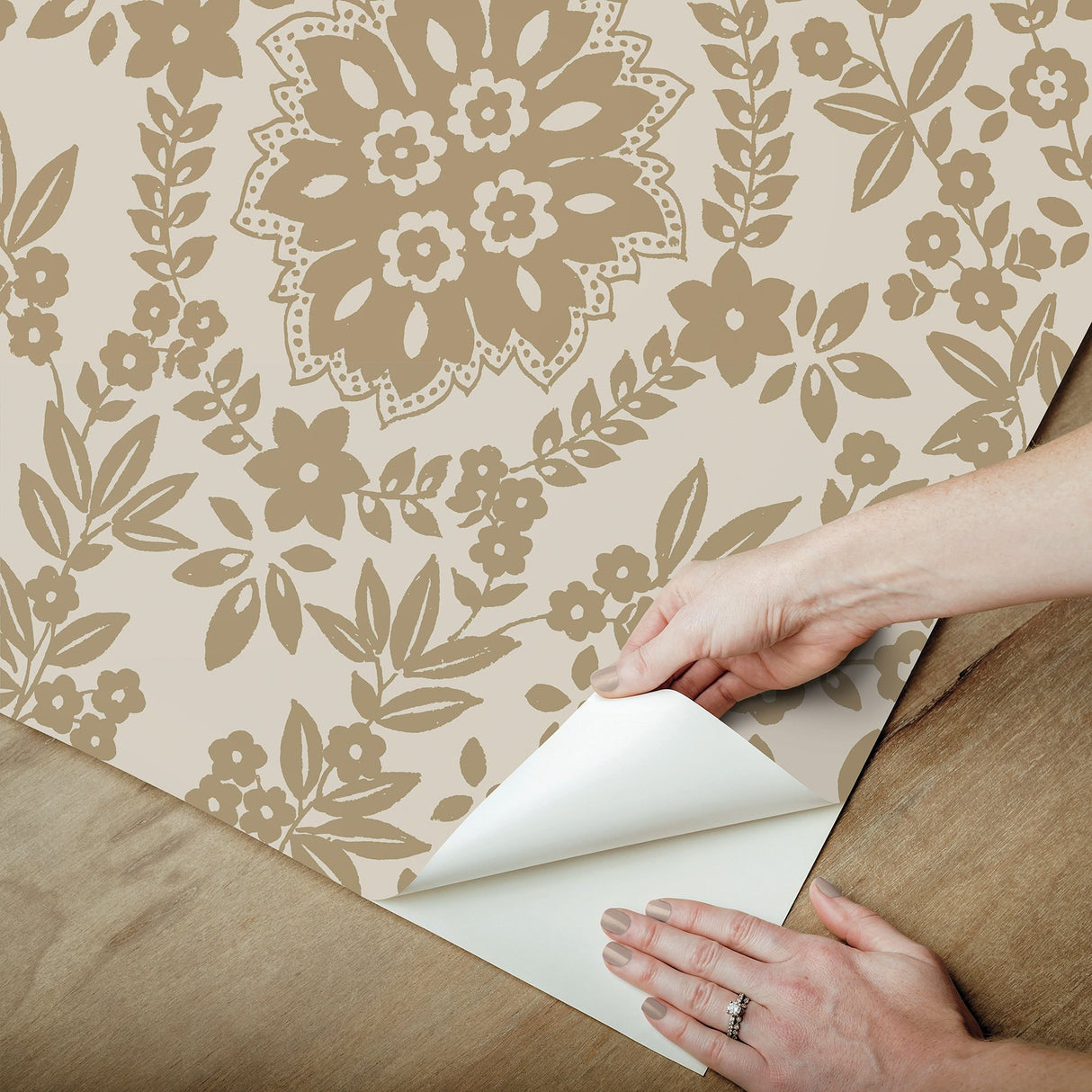 Boho Baroque Damask Taupe Peel & Stick Wallpaper with Bohemian Abstract Damask Pattern - York RMK12572PL