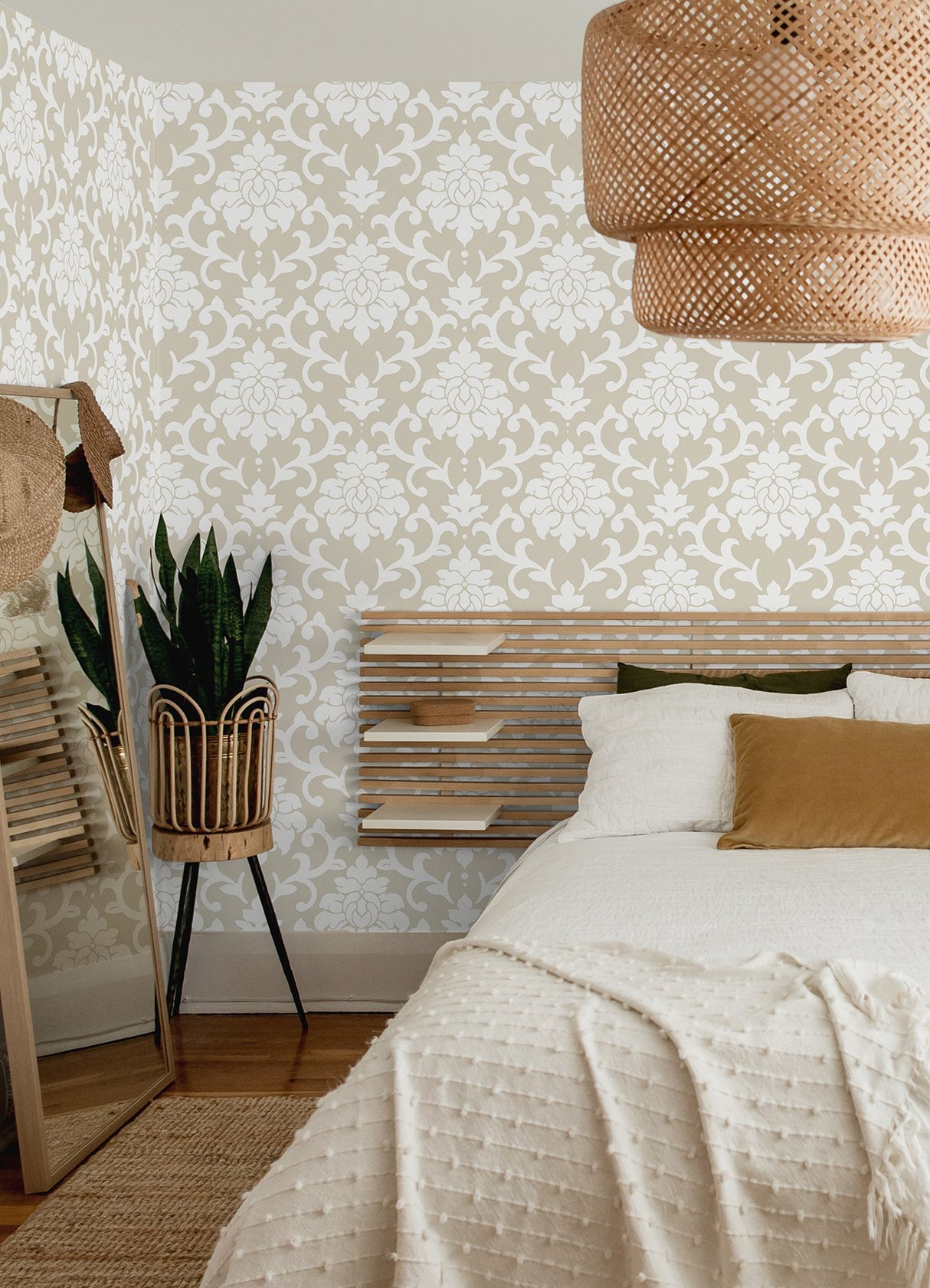 Damask Taupe Peel & Stick Wallpaper with Traditional Abstract Damask Pattern - York RMK12574WP