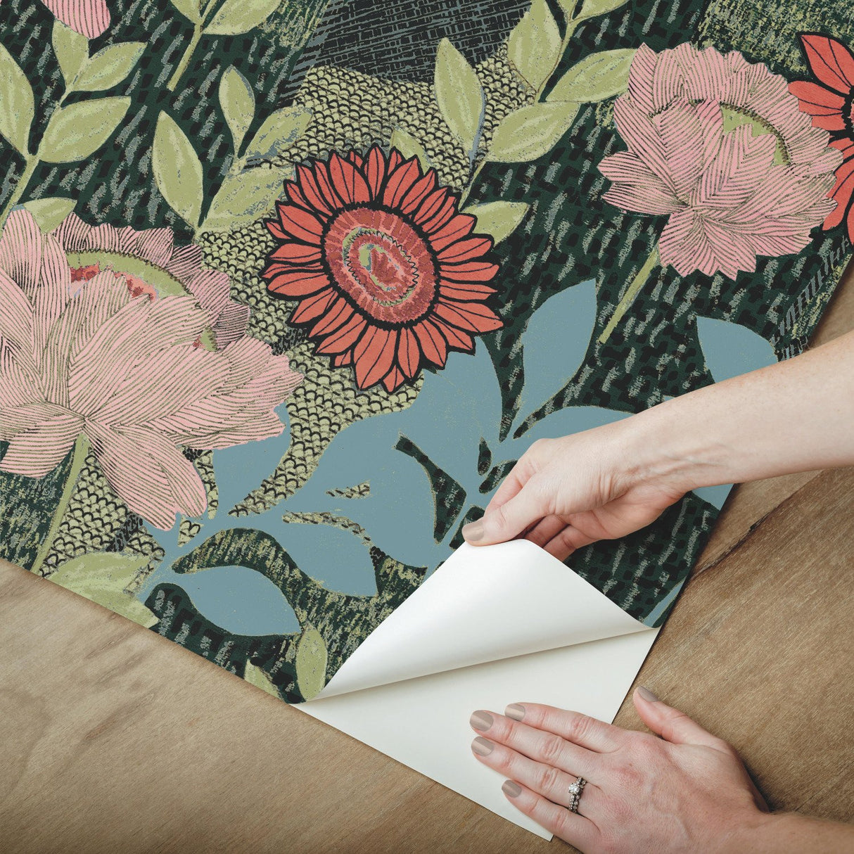 Botanical Garden Green Peel & Stick Wallpaper with Modern Botanical Flowers Pattern - York RMK12575RL