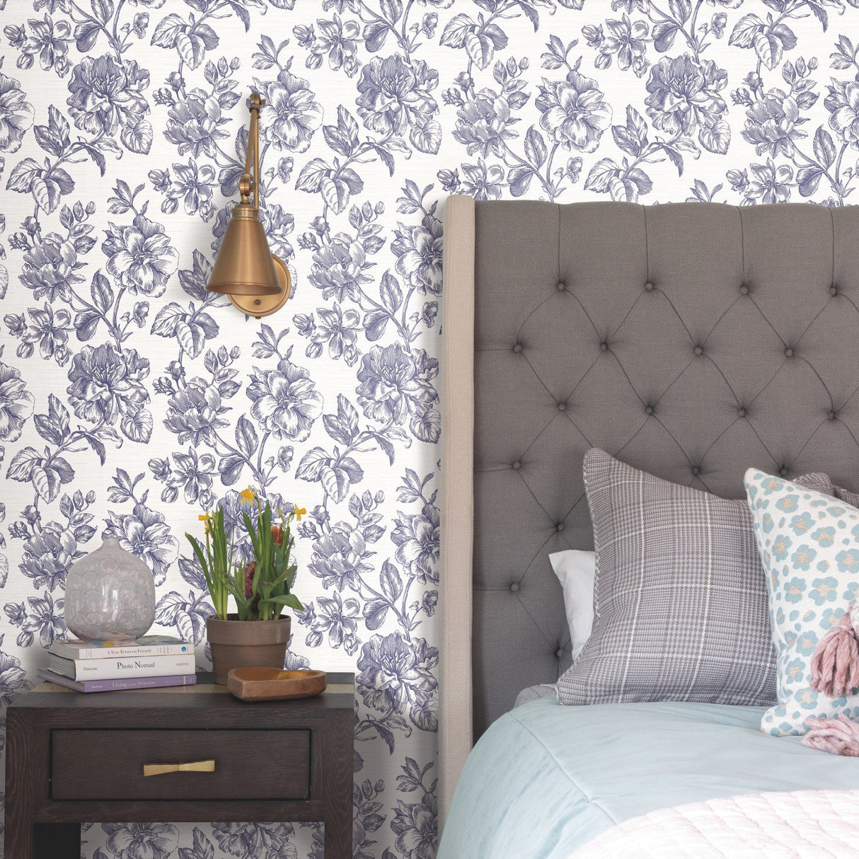 Flower Girl Blue Peel & Stick Wallpaper with Modern Botanical Floral Pattern - York RMK12577RL