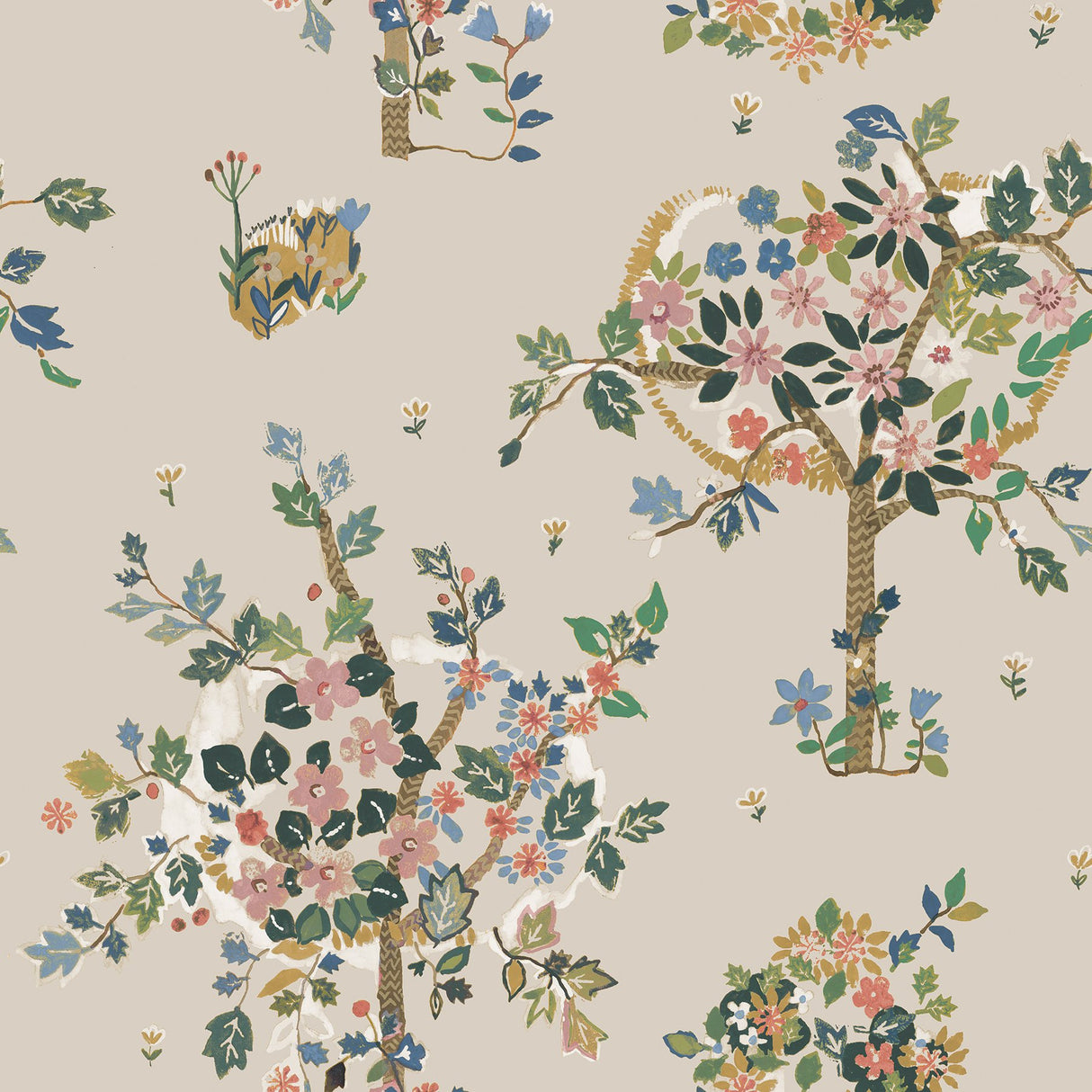 Flowering Peace Tree Taupe Peel & Stick Wallpaper with Botanical Trees - York RMK12585PLW