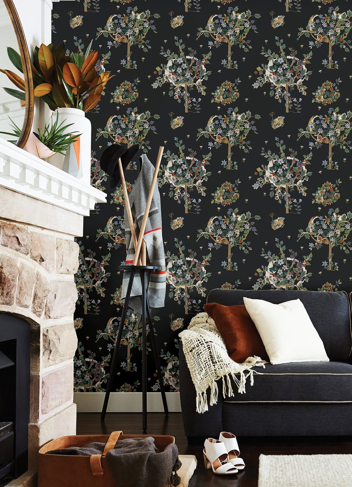 Flowering Peace Tree Black Peel & Stick Wallpaper with Botanical Trees Pattern - York RMK12586PLW