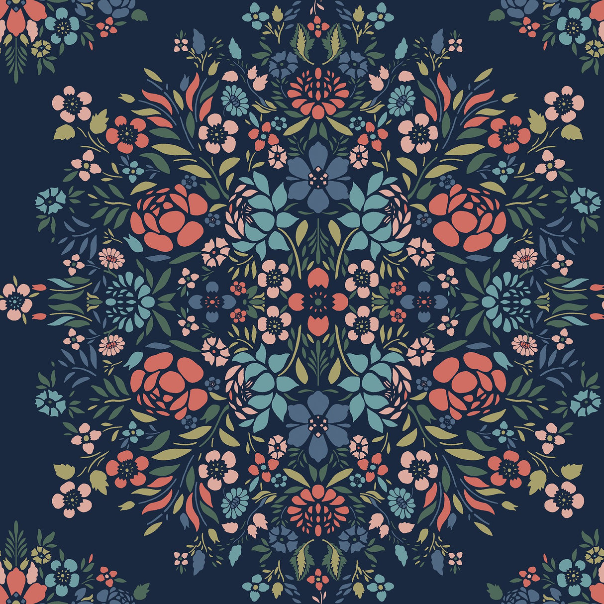Medallion Floral Blue Peel & Stick Wallpaper in Vinyl Matte with Botanical Floral Medallion Pattern, Traditional Style - York RMK12587PLW
