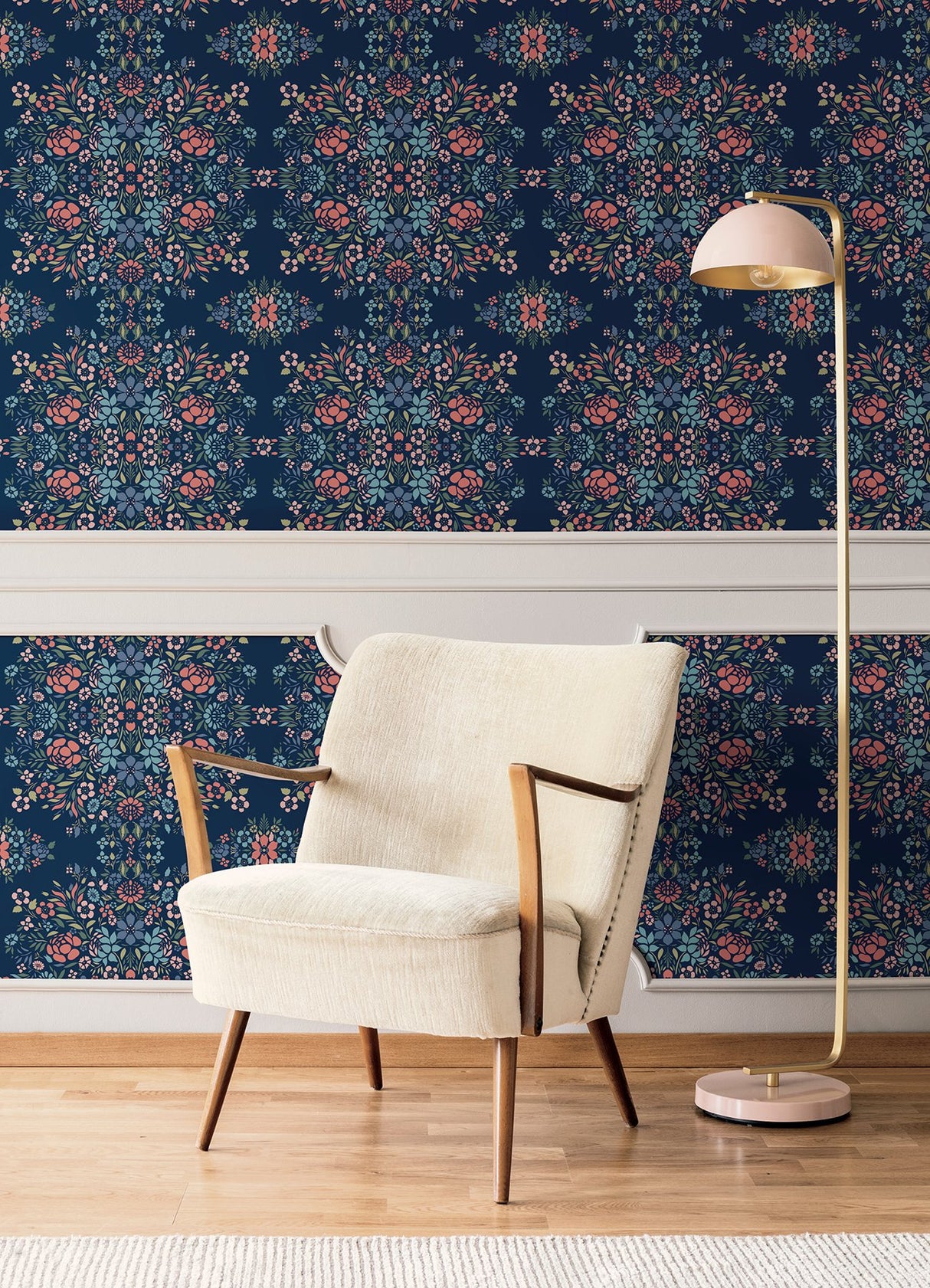 Medallion Floral Blue Peel & Stick Wallpaper in Vinyl Matte with Botanical Floral Medallion Pattern, Traditional Style - York RMK12587PLW