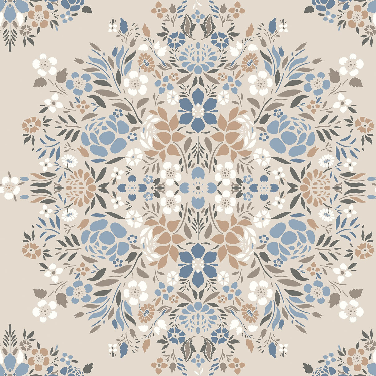 Medallion Floral Taupe Peel & Stick Wallpaper with Botanical Floral Pattern, Traditional Style - York RMK12588PLW