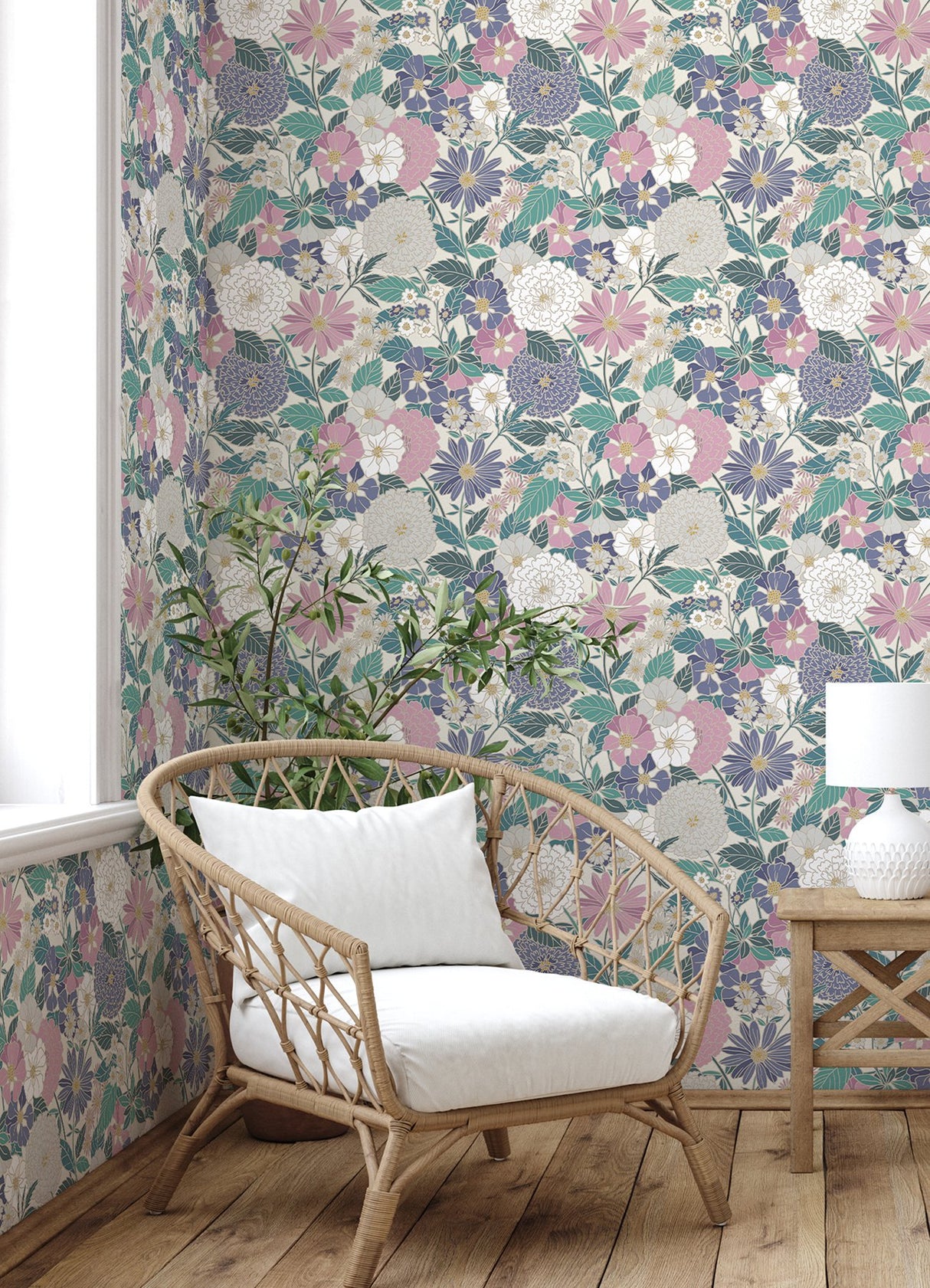 Bohemian Floral Beige Peel & Stick Wallpaper with Traditional Botanical Flower Pattern - York RMK12589PLW