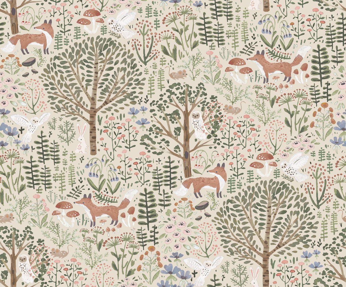 Clara Jean Folklore Forest Almond Peel & Stick Wallpaper with Scandinavian Animal Motif - York RMK12591PLW