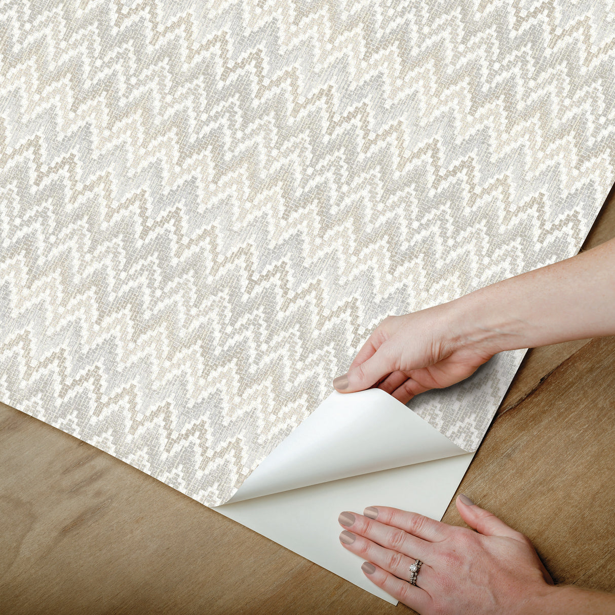 Waverly Heartbeat Neutral Peel & Stick Wallpaper with Geometric Chevron Pattern - York RMK12603PL