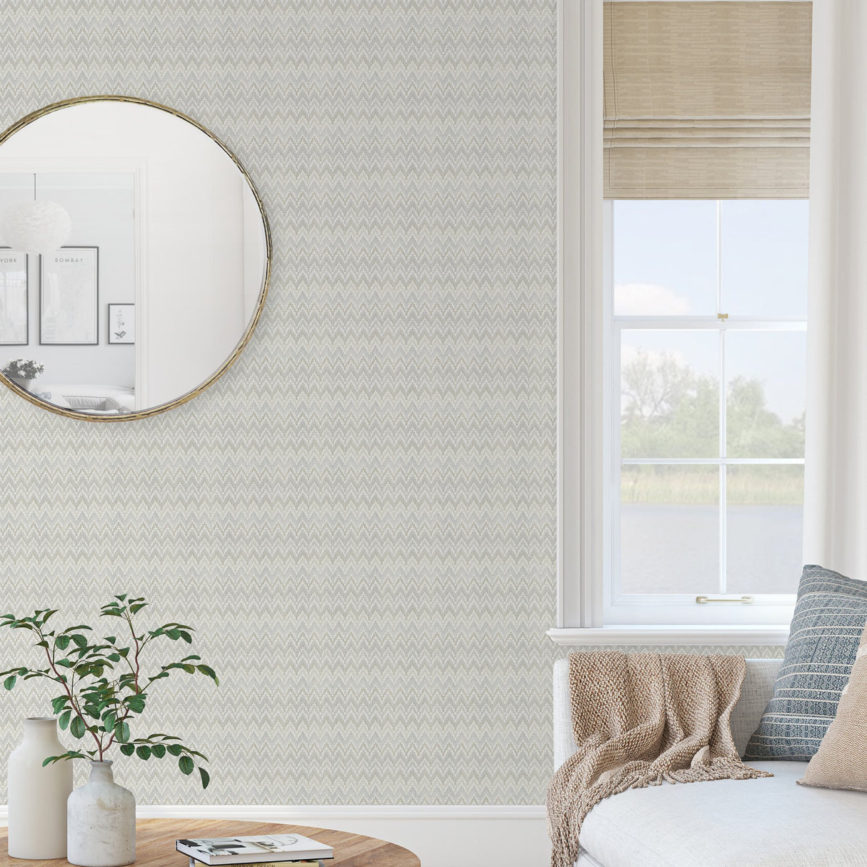 Waverly Heartbeat Neutral Peel & Stick Wallpaper with Geometric Chevron Pattern - York RMK12603PL