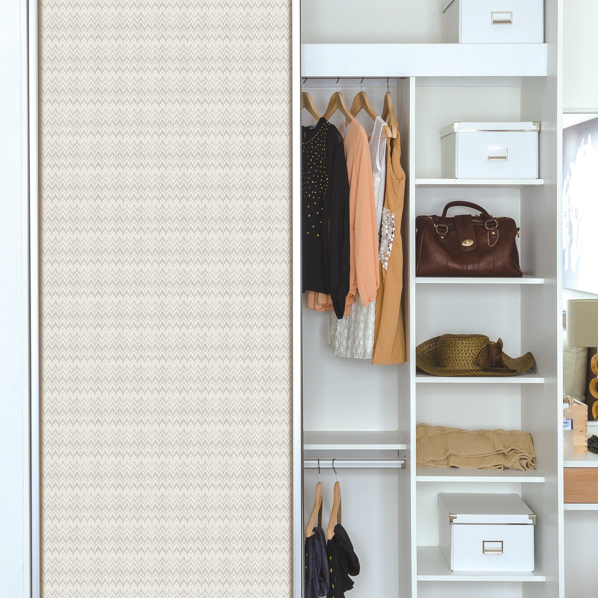 Waverly Heartbeat Neutral Peel & Stick Wallpaper with Geometric Chevron Pattern - York RMK12603PL