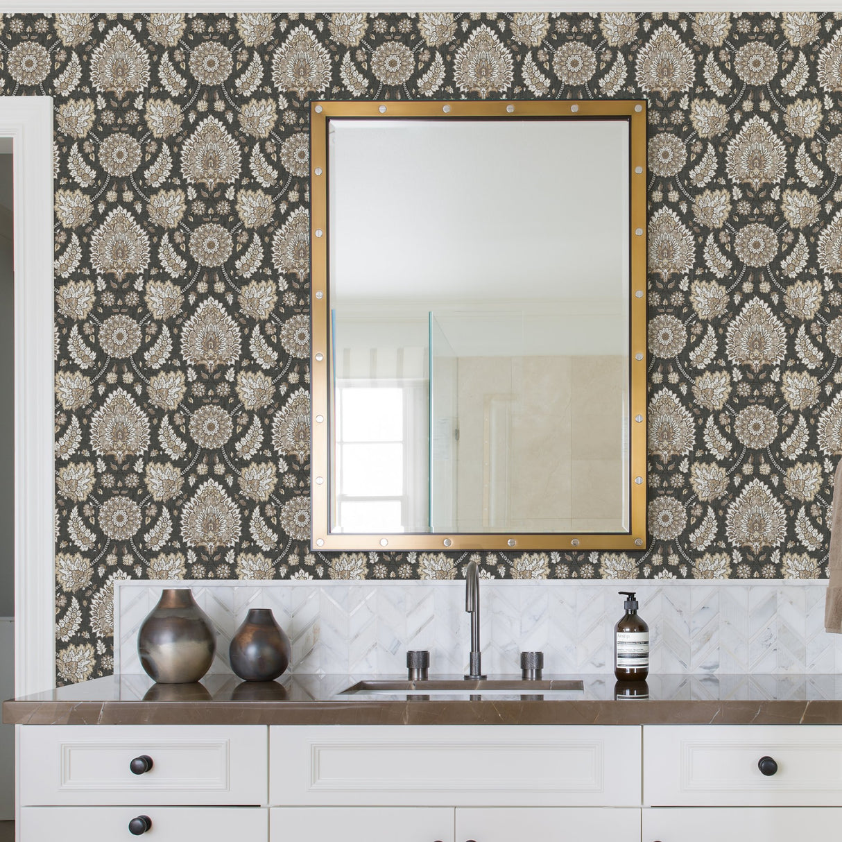 Waverly Clifton Hall Charcoal Peel & Stick Wallpaper with Traditional Jacobean Floral Pattern - York RMK12608PLW