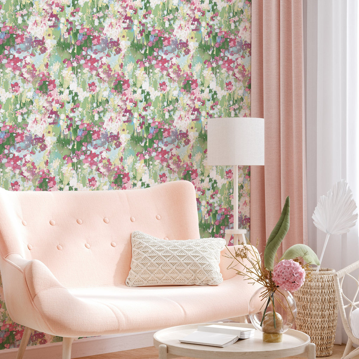 Waverly Abstract Garden Pink Peel & Stick Wallpaper with Whimsical Abstract Floral Pattern - York RMK12609PLW