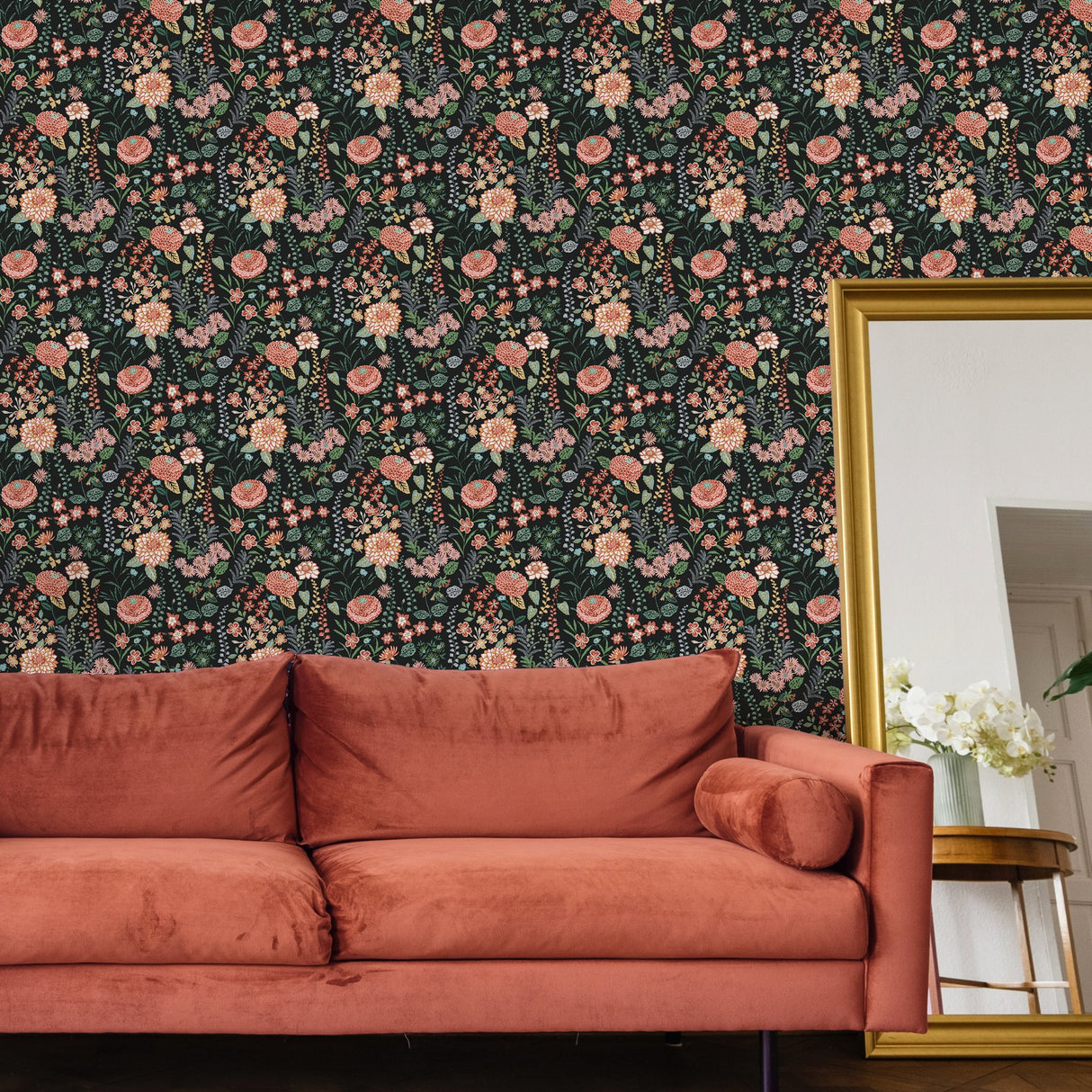 Waverly Fiona Floral Black Peel & Stick Wallpaper with Traditional Botanical Flowers - York RMK12613PLW