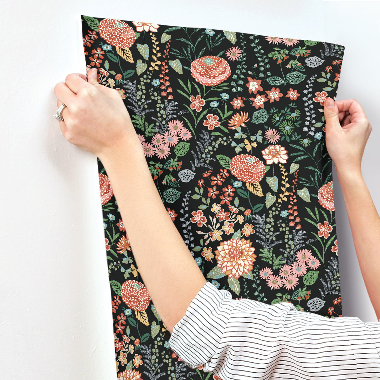 Waverly Fiona Floral Black Peel & Stick Wallpaper with Traditional Botanical Flowers - York RMK12613PLW