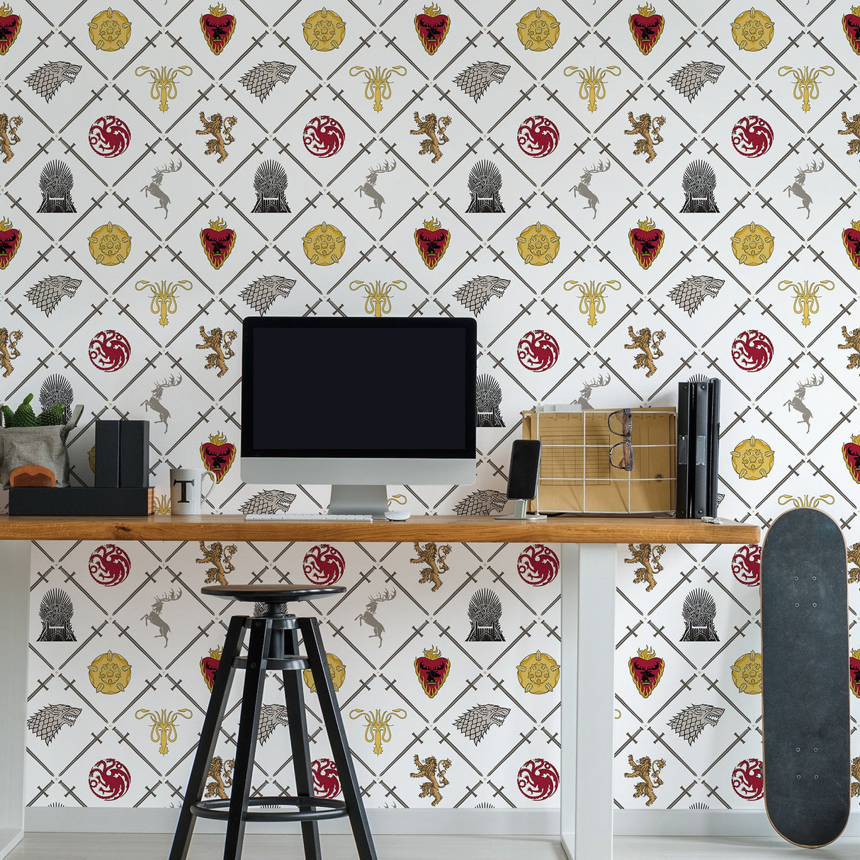 Game of Thrones House Sigils Multicolor Peel & Stick Wallpaper with Damask Graphic Pattern, Feature Wall - York RMK12618RL