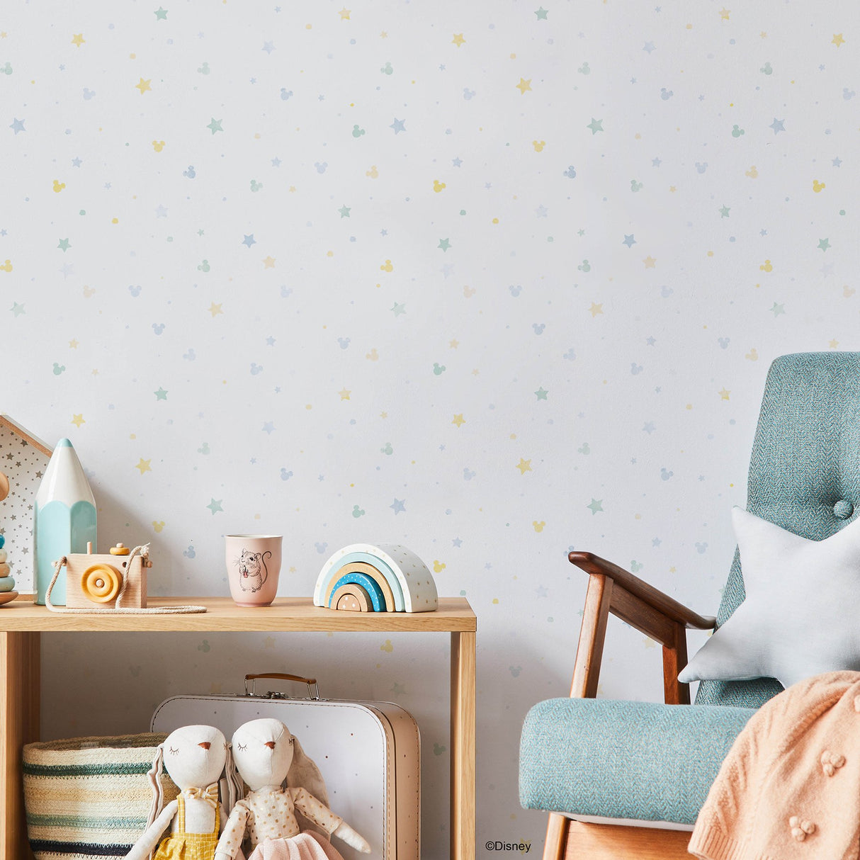 Mickey Mouse Confetti Blue Peel & Stick Wallpaper with Pastel Stars York RMK12620RL